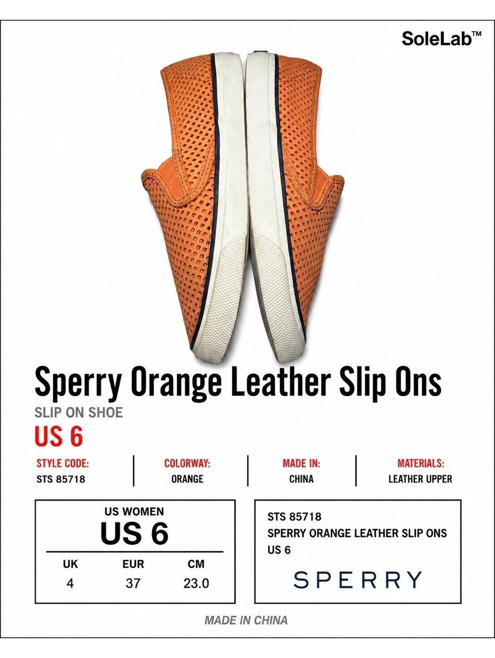 Sperry Women’s 6 M Orange Perforated Leather Slip-On Sneakers STS 85718 - Picture 4 of 6